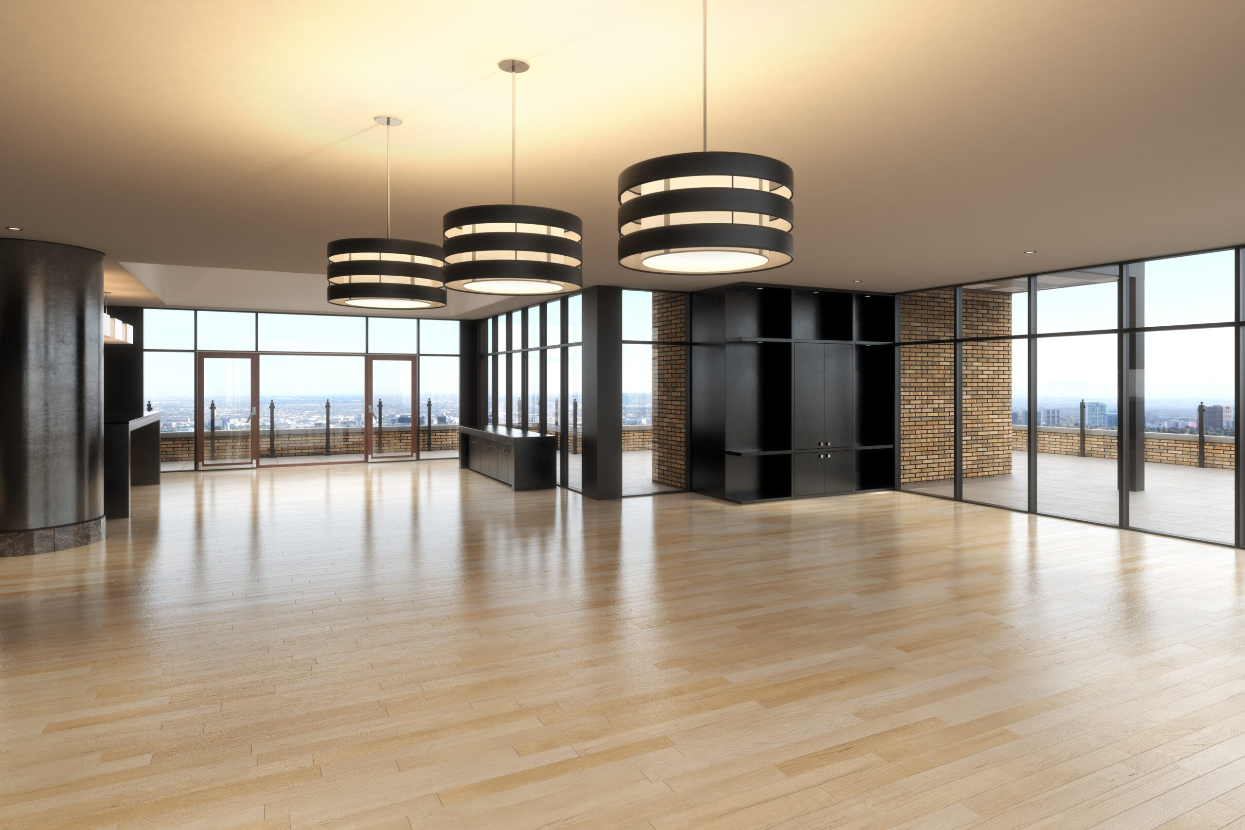 Empty room of business or residence with city background.